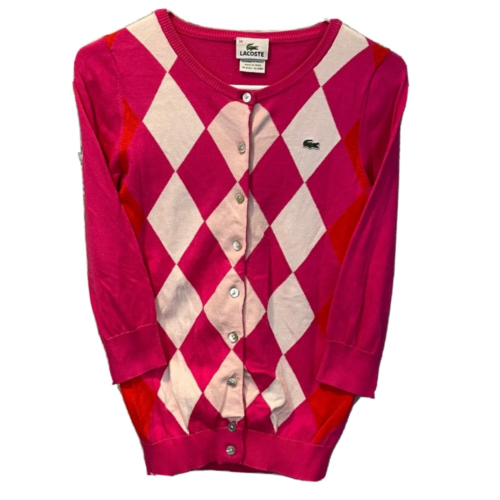 VTG Lacoste Size 34 XS Pink/Orange Argyle Button Up Fitted Cardigan Sweater